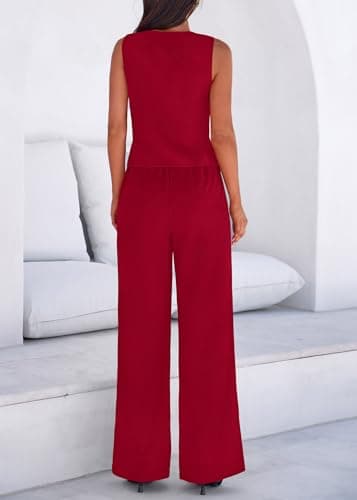 KIRUNDO Business Casual Outfits for Women Vest Tops Pant Suits Dressy 2 Piece Sets Summer Crop Blazer Wide Leg Work Pants(Wine Red, X-Large) - Thumbnail 5