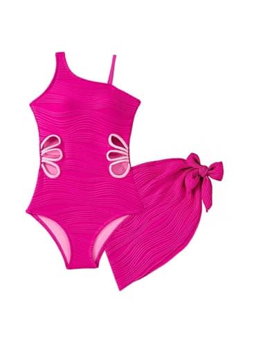 blibean Girls Swimsuit Size 10-11 Hot Pink Teen One Piece Bathing Suit with Cover Up Skirt Big Kids Adjustable Strap Swimwear Tween Cute Texture Traje Baño Niñas Padded Cutout Swimming Suit - Image 1