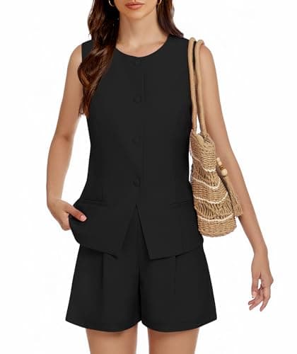 Casly Lamiit Womens 2025 Summer Two Piece Outfits High Waisted Shorts Business Casual Work Blazer Vest Set with Pockets Black XL - Image 1