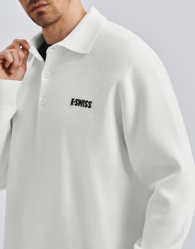 K-Swiss Men's Knit Polo Shirts - Long Sleeve Polo Sweaters Shirt Classic Collared Button Casual Work Golf White 2XL - Thumbnail 4