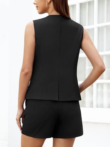 Casly Lamiit Womens 2025 Summer Two Piece Outfits High Waisted Shorts Business Casual Work Blazer Vest Set with Pockets Black XL - Thumbnail 3