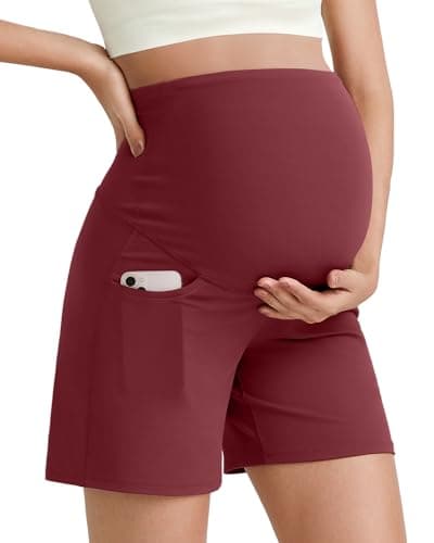 G4Free Maternity Shorts with Pockets Over The Bump Summer Loose Biker Short Workout Yoga Athletic Lounge Pants Casual(Dark Burgundy,S) - Image 1