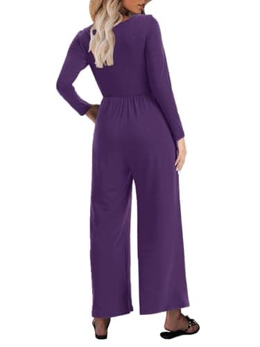 STOLKISS Dressy Jumpsuit for Women 2025 Fall Long Sleeve U-Neck Button Up Jumpsuits Spring Wide Leg Pants Rompers with Pocket - Thumbnail 2