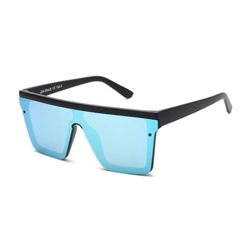 JIM HALO Flat Top Shield Sunglasses Square Mirror Rimless Glasses for Women Men (Black Frame/Mirror Blue Lens) - Image 1