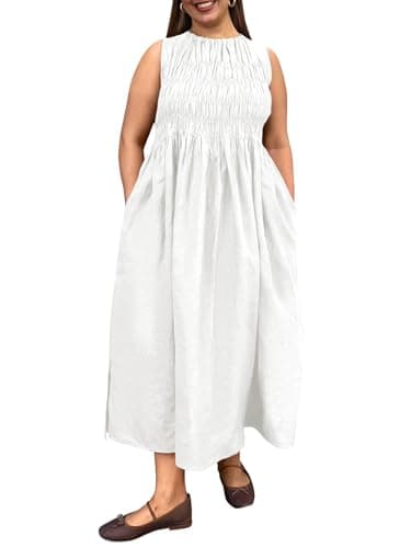 Beautife Women's Plus Size Maxi Dress Summer Casual Sleeveless Ruched Crewneck Sundresses with Pockets White - Image 1