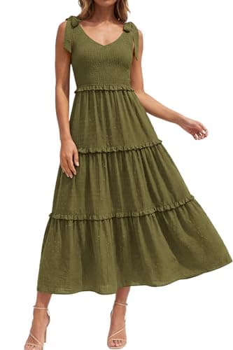 Okiwam Womens Summer Dresses 2026 Sleeveless Tie Strap Maxi Long Flowy Beach Sundresses Boho Swiss Dot Spring Wedding Guest Dress-S Army Green - Image 1