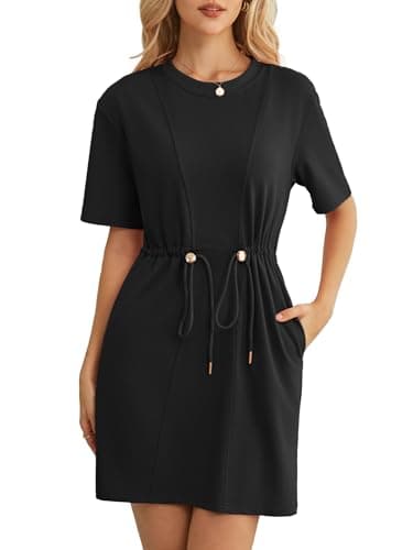Kikibell Cute Summer Dresses for Women Crew Neck Sweatshirt Mini Dress with Pockets Short Sleeve Casual Outfits Black M - Image 1