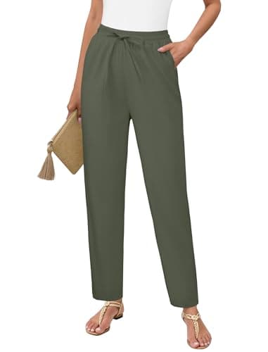 DLOODA Womens Cropped Linen Pants, High Waisted Drawstring Casual Lounge Ankle Trousers with Pockets Beach Vacation Outfits Green - Image 1
