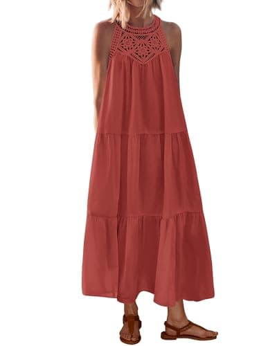 BTFBM Halter Summer Dresses for Women 2026 Casual Spring Hollow Out Sleeveless Boho Sundresses Beach Vacation Maxi Dress(Rust Red, XX-Large) - Image 1