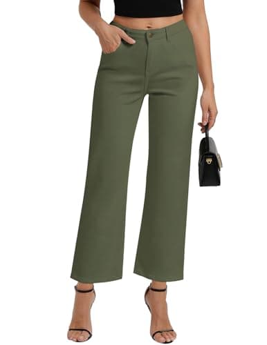 Belle Poque Women Green Wide Leg Jeans Stretchy Mid Rise Straight Leg Jeans with Pockets (Green, 16) - Image 1