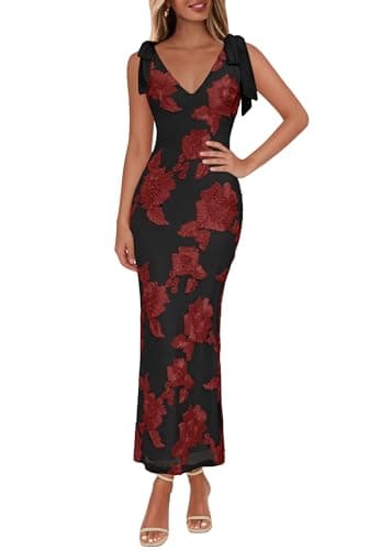 Lazysmile Womens Floral Embroidered Maxi Dress Sleeveless V Neck Tie Strap Ribbon Flower Mesh Party Cocktail Dresses - Image 1