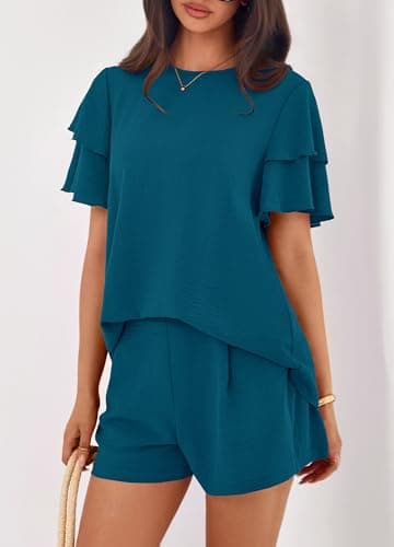 KIRUNDO 2 Piece Sets For Women Summer Ruffle Short Sleeve Top Elastic Waist Pants Matching Lounge Set Vacation Travel Outfits(Dark Blue, XX-Large) - Thumbnail 5