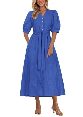 PRETTYGARDEN Summer Dresses for Women 2026 Elegant Classy Short Sleeve V Neck Ruffle A Line Belted Long Beach Vacation Dress (Blue,Small) - Image 1