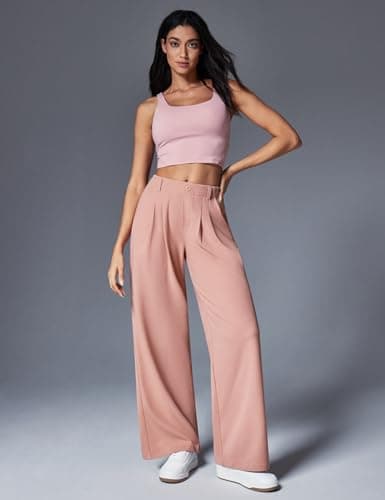 IUGA Wide Leg Pants Woman Pull on Stretchy Work Dress Pants High Waisted Business Casual Trousers Slacks Standard, XX-Large, Pink - Thumbnail 3