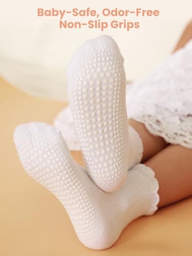 ALLOVIN 6 Pairs Non-Slip Ruffle Lace Socks for Baby & Toddler Girls – Soft Cotton Grip Socks | Off-white | 3-5 Years - Thumbnail 3