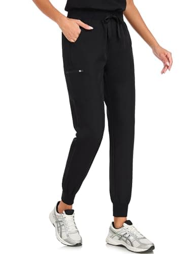 VECARDI Scrub Pants for Women Four Way Stretch Yoga Joggers High Rise Zipper Cargo Pants with 5 Pockets Classic Black - Thumbnail 2