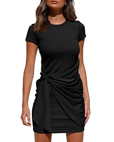 BTFBM Women 2026 Spring Casual Short Sleeve Ruched Bodycon Tank T Shirt Dress Tie Waist Sun Beach Summer Mini Dresses(Short Sleeve Black, Large) - Image 1
