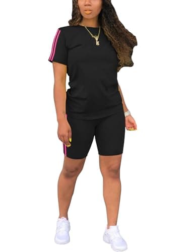 STOLKISS 2 piece Sets for Women Classic Striped Short Outfits Summer Casual Short Sleeve T-Shirt and Short Jogger Tracksuits Sets - Image 1