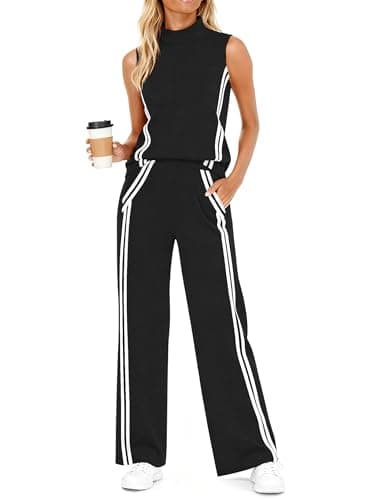 Casly Lamiit 2 Piece Lounge Set Women Travel Outfits Casual Tracksuit Jogging Sweat Activewear Mock Neck Sleeveless Top Long Pants Black S - Image 1