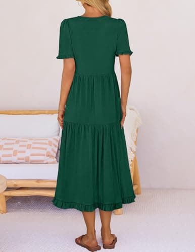 MEROKEETY Women's 2026 Summer Casual Midi Dress Short Sleeve V Neck A Line Flowy Tiered Vacation Beach Dresses, DarkGreen, Medium - Thumbnail 5