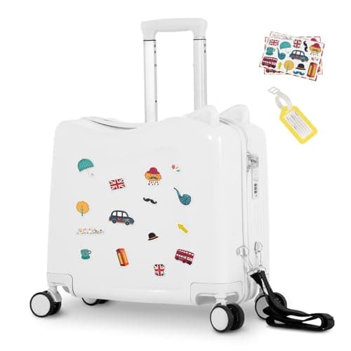 smilesun 20" Ride-On Travel Suitcase for Kids, Cute Ear Toddler Carry on Luggage with Spinner Wheels, Children Rolling Trolly Luggage with Combination Lock (Matte White with Rope) - Image 1