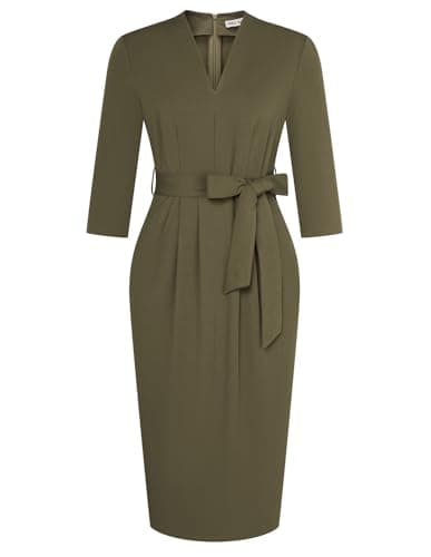 GRACE KARIN Wear to Work Dresses for Women,V Neck 3/4 Sleeve Cocktail Dress,Semi Formal Dresses with Pockets Army Green S - Image 1