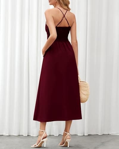 BTFBM Women 2026 Spaghetti Strap Midi Summer Dresses Sleeveless V Neck Cutout Slit Casual Beach Party Maxi Dress Pockets(Wine Red, Large) - Thumbnail 5