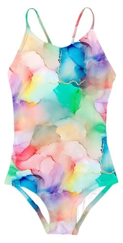 Idgreatim Bathing Suits for Girls One Piece Swimsuits Size 6 7T Marble Colorful Swimwear - Image 1