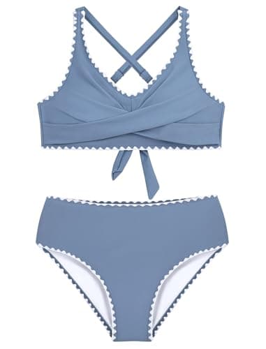 HOZIY Girls Swimwear Kids Contrast Trim Crisscross Bikini Sets Juniors Adjustable Straps Swimsuits Tween V-Neck Bathing Suit Blue Size 9-10 - Thumbnail 6
