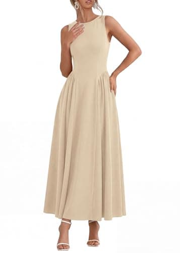 KIRUNDO Wedding Guest Dresses for Women 2026 Summer Semi Formal Work Sleeveless Elegant Boat Neck Flowy A Line Maxi Dress(Beige, Large)