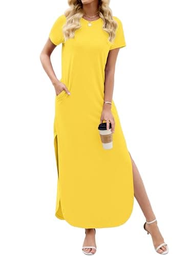 Heymoments Womens Summer Maxi Dress Yellow Small Short Sleeve Casual Loose Fitted Long T Shirt Ladies Flowy Dresses Split Cute Vacation Party Beach Travel Elegant Sundress with Pockets - Image 1