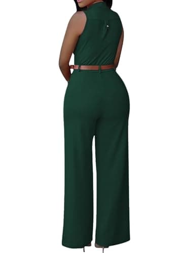Pink Queen Women's Elegant V Neck Button Up Wide Leg Long Pants Party Cocktail Rompers Jumpsuits Dark Green XL - Thumbnail 2