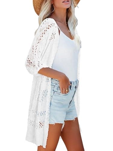 KISSMODA Womens Crochet Summer Cardigan Sweaters White Short Sleeve Lightweight Hollow Out Plus Size Cardigans for Beach for Island Getaways XL - Thumbnail 5