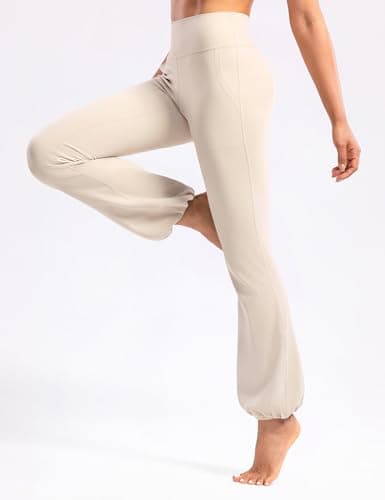 POSHDIVAH Women's Creamluxe Flare Cuffed Leggings Regular High Waisted Yoga Joggers Pants Lounge Workout Sweatpants with Pockets Light Apricot Small - Thumbnail 4