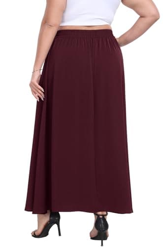 Lastshe Plus Size Maxi Skirts for Women Casual Elastic High Waisted Hide Drawstring Flowy A-line Long Skirt with Pockets,Wine Red,2X - Thumbnail 5