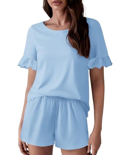 Ekouaer Womens Cotton Pajamas Set Ruffle Sleeves Top and Short Soft Sleepwear 2 Piece Lounge Set with Pockets Light Blue XL - Image 1