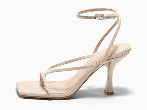 Coutgo Womens Strappy Kitten Heels Sandals Square Open Toe Flip Flops Summer Dress Shoes, Nude, size 8 - Thumbnail 4