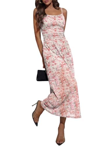 Caracilia Womens Summer Midi Dress Mesh Floral Spaghetti Strap Ruched Cocktail Party Wedding Guest Beach Vaction Long Dresses Pink Floral XL - Image 1
