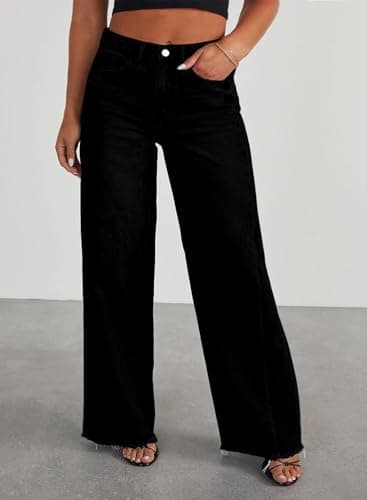 Eytino Womens Plus Size Jeans Stretchy High Waisted Casual Wide Leg Raw Hem Denim Pants with Pockets,3X Black White - Thumbnail 3