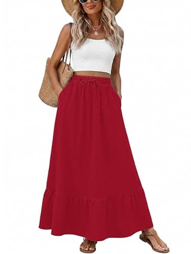 Heymoments Maxi Skirts for Women Red Medium High Waisted Flowy 2026 Fall Trendy A Line Summer Cute Pleated Dressy Casual Fairy Boho Teacher Holiday Beach Vacation Long Skorts with Pockets - Image 1