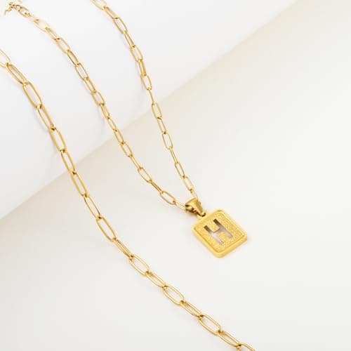 LETFLY Initial Gold Necklaces for Women, 18K Gold Plated Letter Layering Necklace Square Shaped Pendant with Adjustable Paperclip Chain for Womens Jewelry Gifts Alphabets H - Thumbnail 5