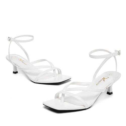 Athlefit Kitten Strappy Heels for Women Square Open Toe Low Heel Sandals Ankle Strap White Sexy Party Wedding Dress Shoes Size 8.5 - Thumbnail 6