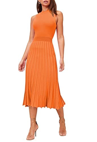 Pink Queen Women's 2025 Summer Fashion Knit Dress Crew Neck Sleeveless Ribbed Swing Party Midi Dresses Orange L - Image 1