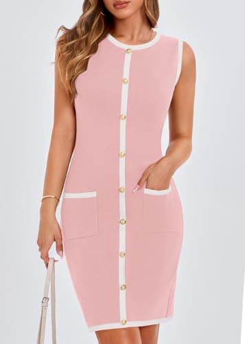 KIRUNDO Women's Work Business Casual Dress 2026 Summer Cocktail Semi Formal Office Elegant Classy Knit Color Block Dresses(Pink, XX-Large) - Thumbnail 3