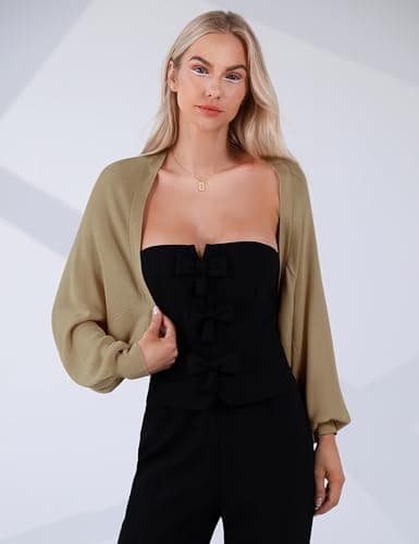 Totatuit Women's Y2K Shrug Sweater Knit Open Front Crop Cardigan Long Sleeve Short Bolero Shrugs for Dresses Camel - Thumbnail 3