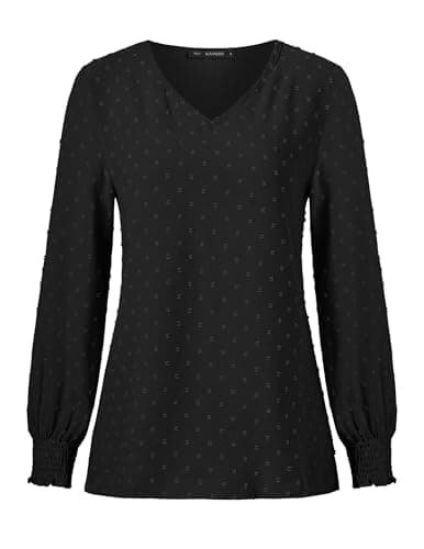 GAMISS Long Sleeve Top for Women Swiss Dot Shirt V Neck Knit Blouse Basic Shirt Black, XXL - Thumbnail 4