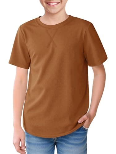 Boys Short Sleeve Tshirts Soft Summer Tops Trendy Cross Stitch Crewneck Tees with Curved Hem Top for Ages 5-14 Brown - Image 1