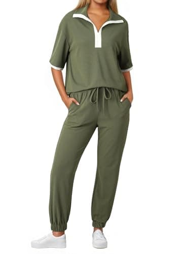 Dokotoo Womens Ladies Fashion 2 Piece Outfits Sets Casual Sweatsuits Jumpsuit 2Pc Clothes Solid V Neck Short Sleeve Sweatshirts Cozy Loose Fit Jogger Sweatpants with Pockets Green Small - Image 1