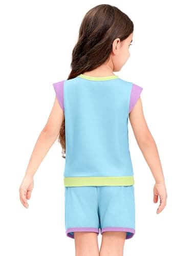 XMWEALTHY Girl Clothes Summer Outfits Color Block Short Sleeves T-Shirt with Short Sets 2 PCS Toddler Girls Fashion Sweatsuit Blue 5-6T - Thumbnail 4