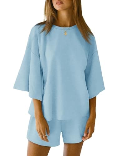 Tankaneo Womens Pajama Sets 3/4 Sleeve Oversized Tops and Elastic Waist Shorts Lounge Sets Loungewear Light Blue - Image 1